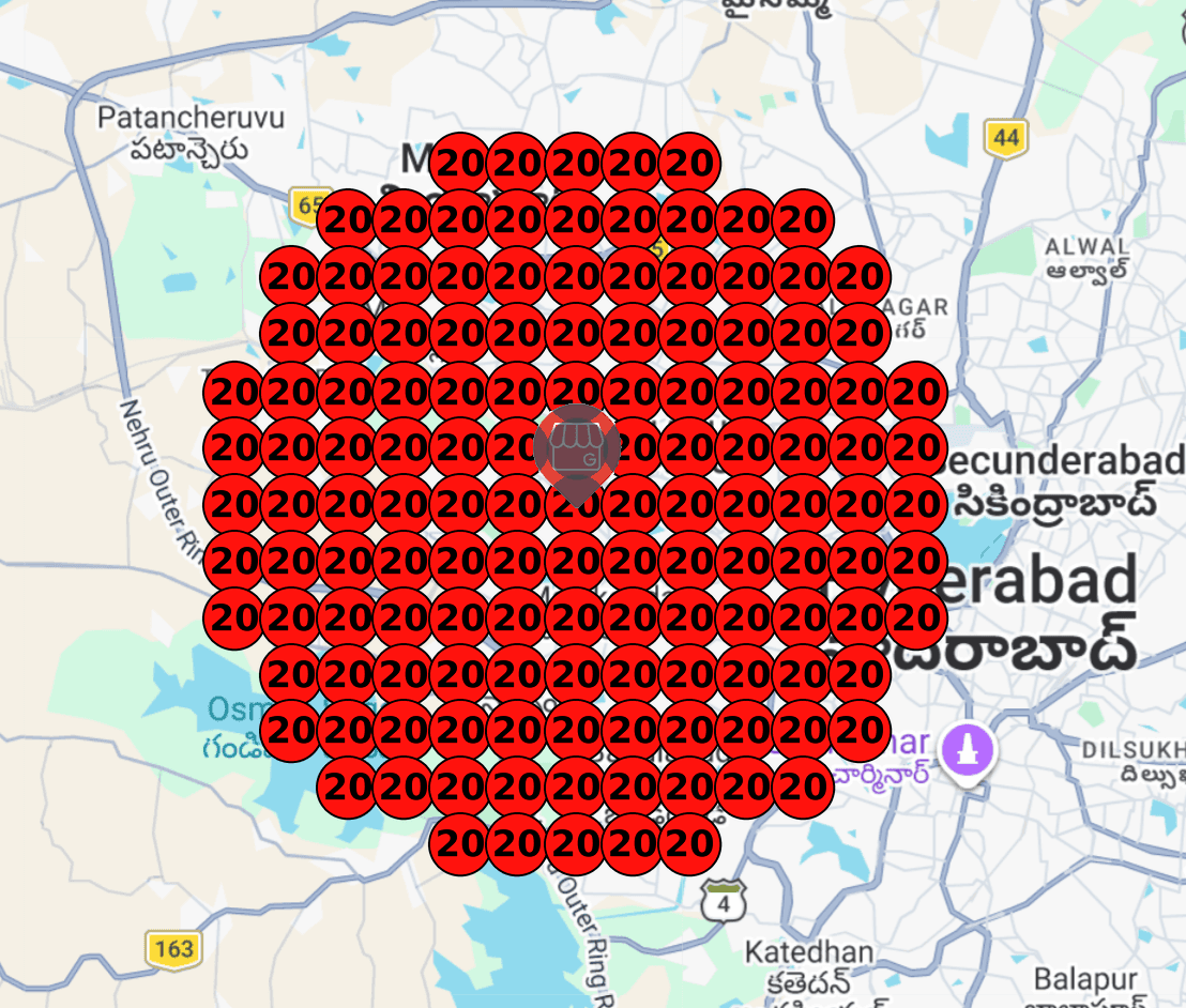 Illustrative before heatmap showing red number 20 rankings across Hyderabad for a sample local business.